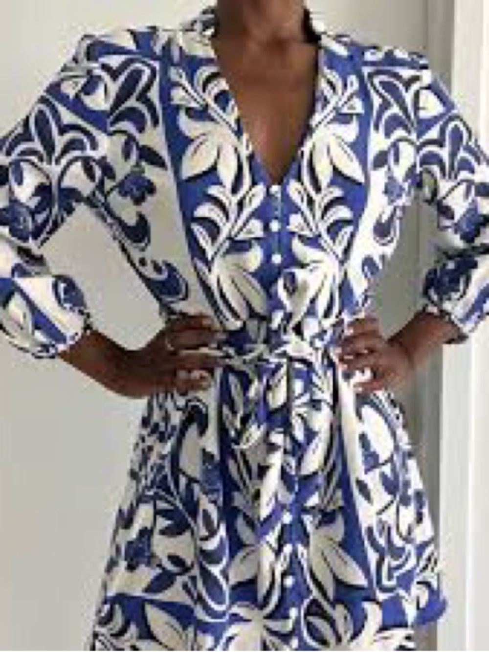 Zara Blue and White Floral Long Sleeve Shirt Dress with Tie Waist